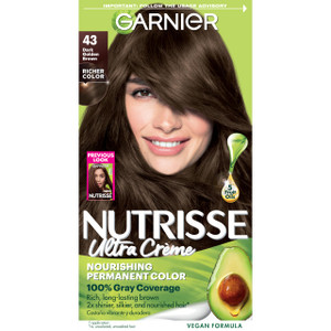 Garnier Nutrisse Ultra Crème Hair Color, Permanent Hair Dye with 100% Gray Coverage, Vegan & Cruelty-Free, 43 Dark Golden Brown (Cocoa Bean), 1 Count