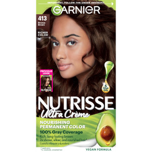 Garnier Nutrisse Ultra Crème Hair Color, Permanent Hair Dye with 100% Gray Coverage, Vegan & Cruelty-Free, 413 Bronze Brown (Bronze Sugar), 1 Count