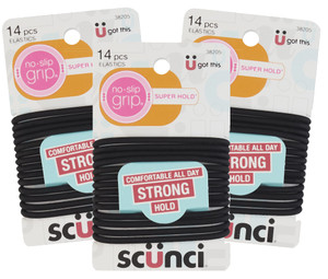 Scunci Black Gel Elastics, No-Slip Grip, Strong Hold-Ponytailers, 14 Pcs per Pack (3-Pack)