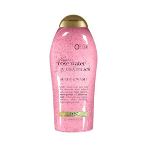 OGX Sensitive + Rose Water & Pink Sea Salt Exfoliating Body Scrub + Rose Quartz, Gentle Exfoliating Daily Body Wash Softens Skin, Body Scrub for Wome