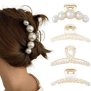 Formery 4PCS Pearl Hair Claw Clips Acrylic Fancy Hair Clips Thick Hair Barrette Jaw Clamp Curly Hair Accessories for Women
