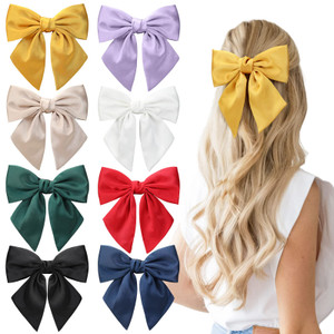 8PCS Big Satin Layered Hair Bows for Women Girls 6.5 Inch Black White Barrette Hair Clip Large Silk Ribbon Bows French Style Hair Accessories