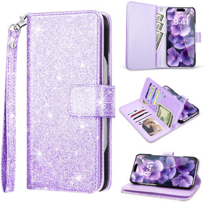 Fingic for iPhone 16 Pro Case,i Phone 16 Pro Wallet Case,Glitter Sparkly Shiny Cover 9 Card Holders PU Leather with Stand Wrist Strap Fullbody Protec