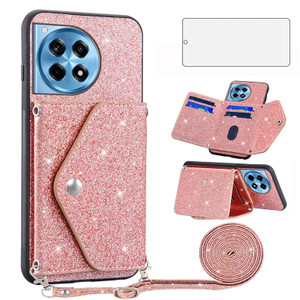 Asuwish Phone Case for OnePlus 12R 5G/Ace 3 2024 Wallet Cover with Tempered Glass Screen Protector and Crossbody Strap Lanyard Bling Glitter Card Hol