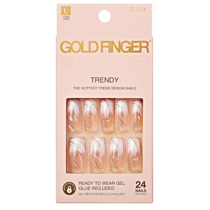 Goldfinger Full Cover White French Design Press on Nails Ready to Wear Gel Manicure Long Nails, Salon Result, Long Lasting Durable, Mini Glue Include