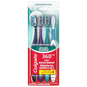 Colgate 360 Whole Mouth Toothbrush, Adult Toothbrushes Medium Bristles, Helps Remove Bad Breath Bacteria and Plaque, Medium Toothbrush Pack, Includes