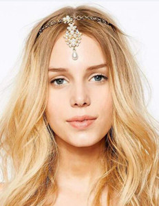 Chargances Bridal Head Chain Bohemia Crystal and Pearl Drop Headpiece Women Forehead Chain Headband Hair Pin for Wedding Bride Bridesmaid Prom Party