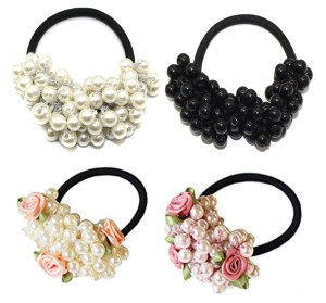 4PCS Fashion Women Imitation Pearl Elastic Hair Ties Beaded Hair Band Rope Scrunchie Ponytail Holder Hair Accessories (B#)
