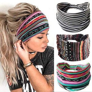 YBSHIN Boho Wide Knotted Headbands, 3-Pack Stretch Turban Head Wraps with Assorted Prints for Women and Girls