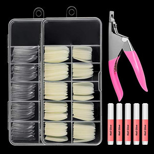 200PCS No Trace Coffin Long Ballerina Acrylic False Nails Set, Natural Clear Full Cover Tips With Cutter and Glue