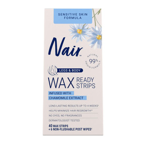 Nair Sensitive Hair Remover Mess-Free Wax Ready Strips, Legs and Body Easy Hair Removal Wax Strips for Sensitive Skin, Chamomile Extract, Dermatologi