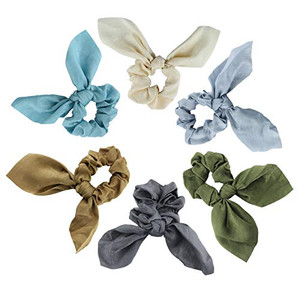 JIRIS 6 Pcs Satin Silk Hair Scrunchies Rabbit Bunny Ear Bow Bowknot Scrunchie Bobbles Elastic Hair Ties Bands Ponytail Holder for Women Accessories(S