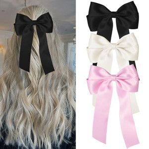 Bmobuo Hair Clip - Hair Bows for Women, Soft Satin Ribbons Clips with Coquette Bows - Balletcore Aesthetics Blue, Black, White - 3 Count