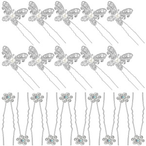 OIIKI 20 PCS Wedding Bridal Hair Pins, Pearl Butterfly U Shape Hair Clips, Rhinestones Flower Hair Pins, Decorative Hair Accessories for Women Girls