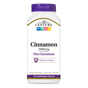 21st Century 2000 mg Cinnamon Plus Chromium Vegetarian Capsules (120 Count), Cinnamon Supplements Supports Sugar & Carbohydrate Metabolism, Gluten-Fr