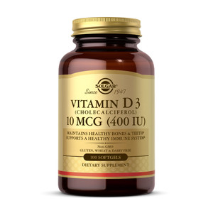 Solgar Vitamin D3 (Cholecalciferol) 10 MCG (400 IU), 100 Softgels - Helps Maintain Bones & Teeth - Immune System Support - Non-GMO, Gluten Free, Dair