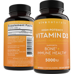 Viva Naturals Vitamin D3 5000 IU Softgels, 360 Count (125 mcg), Supports Bone & Immune Health, High Potency Vitamin D