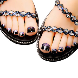 Press On Toenails Square Toe Nails Kit Sparkly False Toe Nails for Women and Girls Fake Toenails Full Cover Glitter Decorated Short False Toenails wi