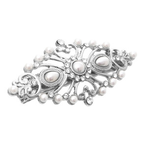 Rosemarie Collections Women's Stunning Antique Style Headpiece Glass Crystal and Simulated Pearl Hair Clip Barrette, 2.25" (Silver Tone)
