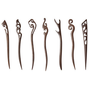 Lawie 7 Pack Handmade Chinese Japanese Black Wood Hair Pins Picks Wooden Carved Long Fork Pen Hairpins Sticks Clips Barrettes for Hair Bun