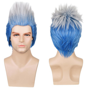 Max Beauty Short Curly Cosplay Wig Men Adult Ombre Blue and White Anime Wig for Halloween + Free Cap