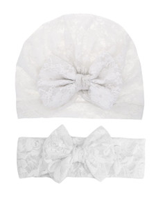 JustMyDress Lace Bow Headband Turban for Baby Girls - White (2 Pcs Set)