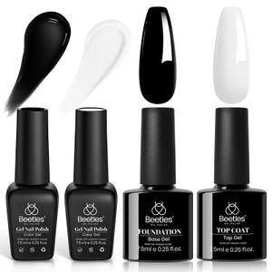 Beetles Black White Gel Polish Set - 4Pcs Gel Polish Kit Black White Colors Gel with No Wipe Top & Base Coat Nail Kit Soak Off UV LED Lamp Manicure S