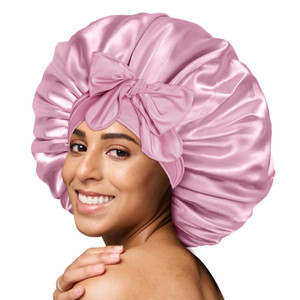 BONNET QUEEN Large Satin Bonnet Silk Bonnet for Sleeping Women Hair Bonnet Big Bonnet Night Sleep Cap Scarf Wrap for Curly Hair with Tie Band Rose Go