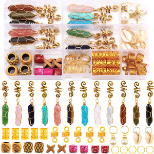 Messen 69 PCS Dreadlocks Jewelry Handemade Crystal Wire Wrapped Braids Hair Accessories Imitation Wood Beads Aluminum Hair Cuffs Coils Hair Rings Pea