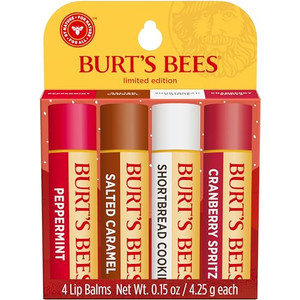 Burt's Bees Lip Balm, 100% Natural Origin, Peppermint, Salted Caramel, Shortbread Cookie and Cranberry Spritz Moisturizing Lip Balms (4-Pack)