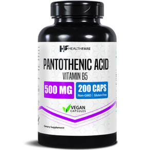 Healthfare Pantothenic Acid 500mg Vitamin B5 Supplement | 200 Vegan Capsules | Extra Strength Energy & Metabolism Support | Non-GMO, Gluten-Free | Ma