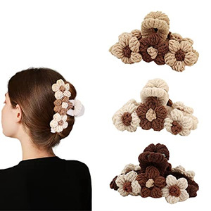 3 Pcs 4.33 Inch Large Hair Claw Clips Braided Fluffy Plush Flower Hair Catch Barrette Jaw Clamp for Women Girls Strong Hold Half Bun Hairpins for Thi
