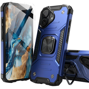 IDYStar for iPhone 16 Plus Case with Screen Protector Blue for Men,Hybrid Drop Test Cover with Car Mount Kickstand Slim Fit Protective Sturdy Case fo