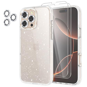 Jasmeas for iPhone 16 Pro Max Case Clear Glitter, with [2 Pack] Screen Protector & [3 Pack] Camera Lens Protector Sparkle PC Hard Soft TPU Silicone B
