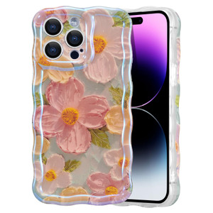 EYZUTAK Case for iPhone 16 Pro Max, Colorful Retro Oil Painting Printed Flower Laser Glossy Pattern Cute Curly Wave Edge Exquisite Phone Cover Stylis