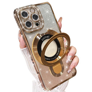 AuroiCCY Magnetic Ring Stand Glitter Case for iPhone 16 Pro Max, (Compatible with Magsafe) Women Girly Luxury Bling Diamond Rhinestones Cover with Ca