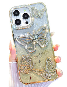 BANAILOA Compatible with iPhone 16 Pro Max Case Cute Butterfly Luxury Plating Clear with Bling Rhinestones Hearts Soft Slim Protective Glitter Phone