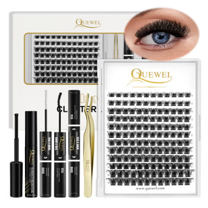 QUEWEL DIY Eyelash Extensions Kit, Lash Clusters 144 Pcs, Golden Lashes Tweezers, Eyelashes Clusters Bond and Seal Waterproof, Clusters Lash Glue Rem