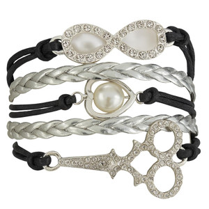 Hair Stylist Bracelet  Black and Silver Braided Wrap Bracelet with Rhinestone Infinity, Pearl Heart & Scissor Charms  Jewelry Gift for Hairdressers