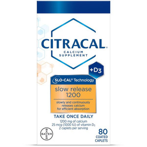 Citracal Slow Release- Calcium 1200 mg with Vitamin D3, Magnesium, Calcium Supplement, Bone Health Support, Take Once Daily Caplet, 80 Count