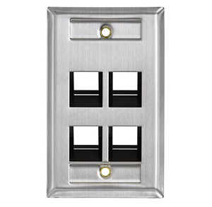 Leviton 4-Port Angled Stainless Steel QuickPort Single Gang Wallplate with ID Windows, 43081-1L4, White