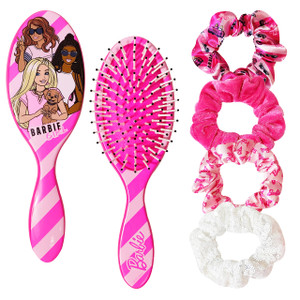 Barbie Hair Accessory 5 Pcs Set - 1 Regular 9 inch Hairbrush & 4 Scrunchies - Detangling Brush Elastic Hair Ties Ropes, Ages 3+