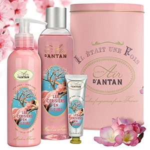 Un Air d'Antan Spa Gift Basket for Women 3-Piece French Bath Body Gift Set for Women: 1 Hand Cream, 1 Shower Gel, 1 Body Lotion Cherry Blossom Freesi