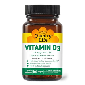 Country Life Vitamin D3, Non-Fish 1000 IU, 100 Softgels, Certified Gluten Free