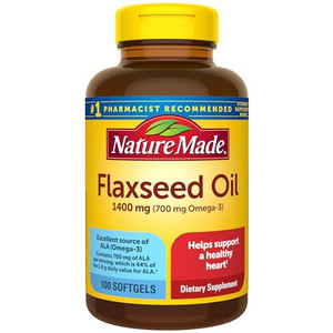 Nature Made Extra Strength Flaxseed Oil 1400 mg, Fish Free Omega 3 Supplement, Dietary Supplement for Heart Health Support, 100 Softgels, 100 Day Sup