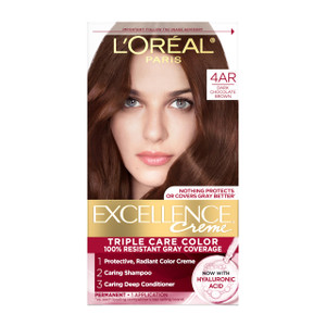 L'Oreal Paris Excellence Crème Permanent Hair Dye, Triple Care Hair Color with Hyaluronic Acid for 100% Gray Coverage, 4AR Dark Chocolate Brown, 1 Ki