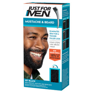 Just For Men Mustache & Beard, Beard Coloring for Gray Hair with Brush, With Keratin Biotin Aloe and Coconut Oil for Healthy Facial Hair - Jet Black,