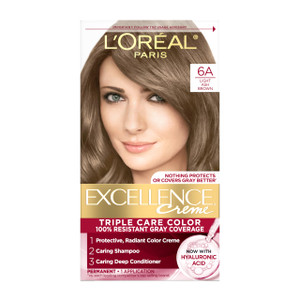 L'Oreal Paris Excellence Crème Permanent Hair Dye, Triple Care Hair Color with Hyaluronic Acid for 100% Gray Coverage, 6A Light Ash Brown, 1 Kit (Pac