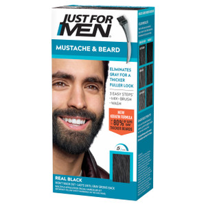 Just For Men Mustache & Beard, Beard Dye for Men with Brush Included, With Keratin Biotin Aloe and Coconut Oil for Healthy Facial Hair - Real Black,