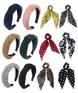 GETACOTA 12 Pieces Knot Headbands Boho Bands Criss Cross Twisted Head Bands Bowknot Hair Scrunchies Scarf Chiffon Satin Long Tail Elastics Ribbon Ear